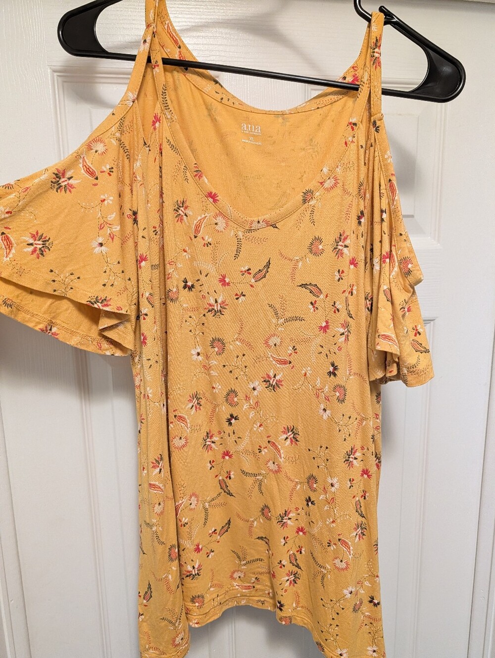 “a.n.a Mustard Floral Boho Cutout Blouse XL Flowy Bohemian Summer Top”